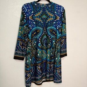 Melissa Paige Vibrant Blue Paisley Dress, Mock Turtleneck, Long Sleeved. Sz M.